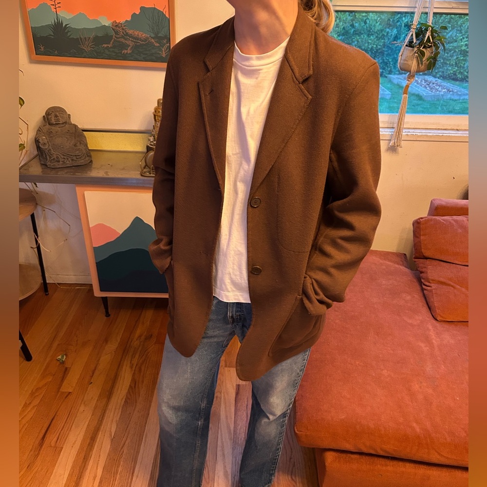 Brown Single-Breasted Wool Blend Blazer